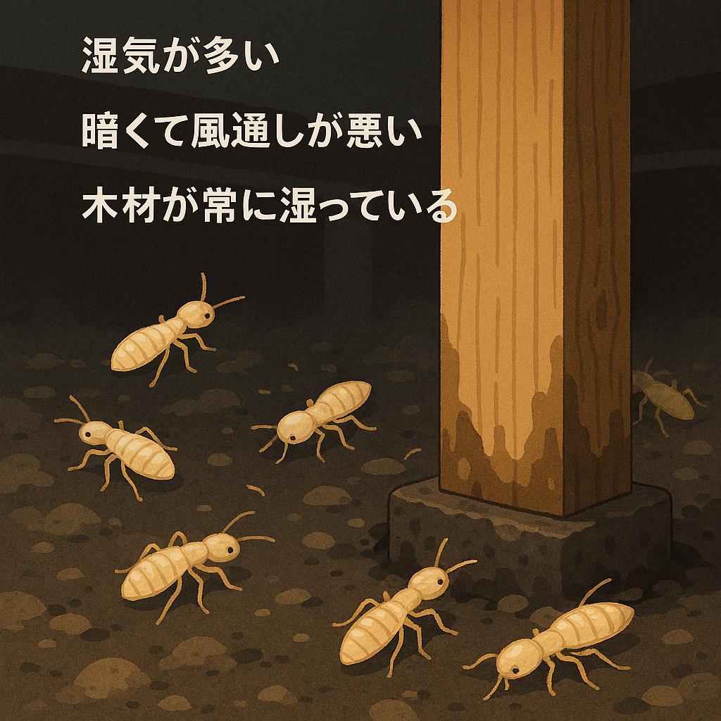 湿気が多く暗い床下空間で、湿った木の柱のまわりに複数のシロアリが集まっている様子。画面には「湿気が多い」「暗くて風通しが悪い」「木材が常に湿っている」という文字が配置され、シロアリが好む条件が視覚的に表現されている。